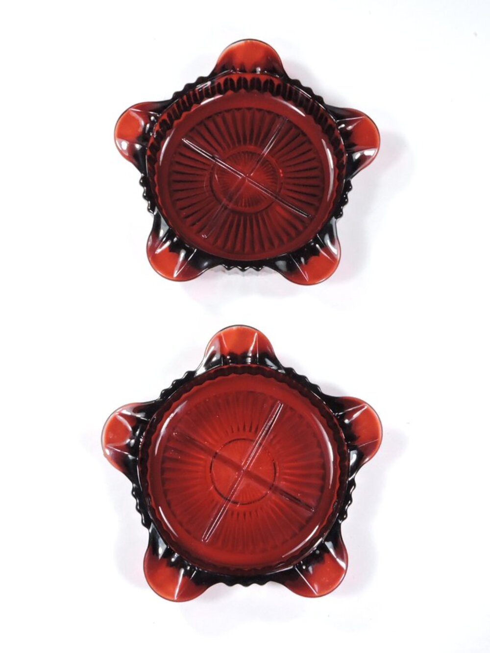 2 Anchor Hocking  "Queen Mary" Ruby Red Glass Ashtray - Vintage 1940''s